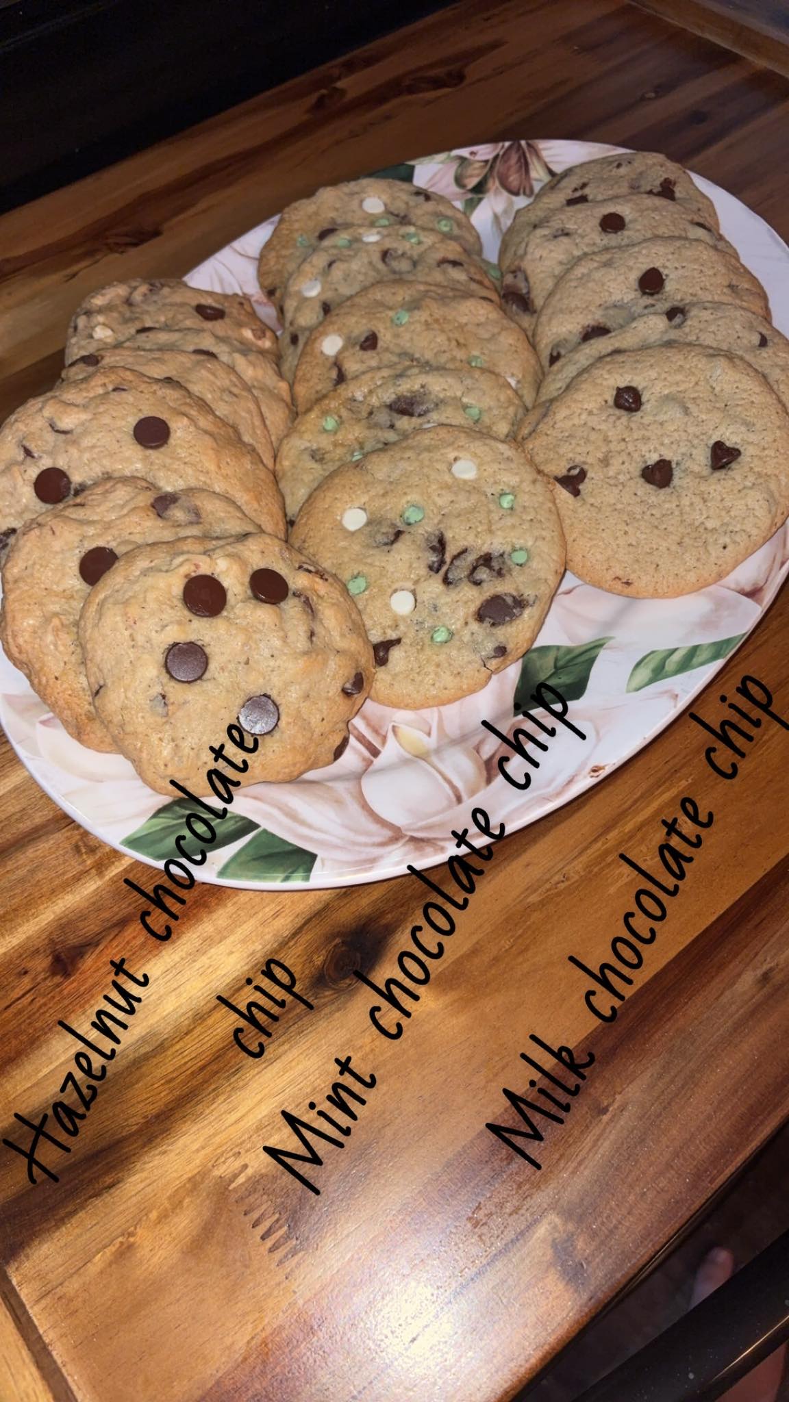 Hazelnut, mint, and milk chocolate chip cookies